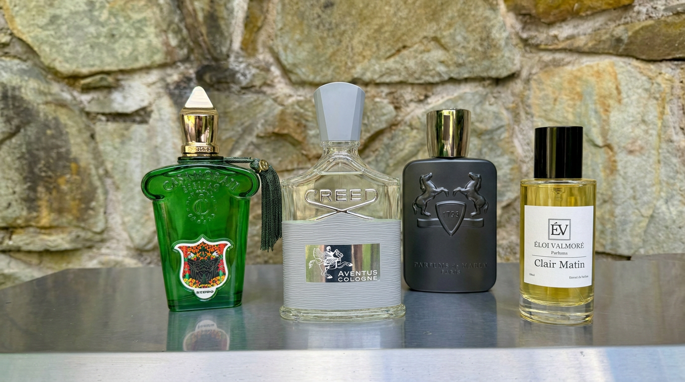XerJoff Casamorati 1888 Fiero, Creed Aventus Cologne, Parfums de Marly Herod und Valmoré Clair Matin nebeneinander