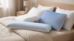 Drei Kopfkissen für Seitenschläfer im Vergleich auf einem Bett, darunter ein Emma-Kissen mit Wabenstruktur