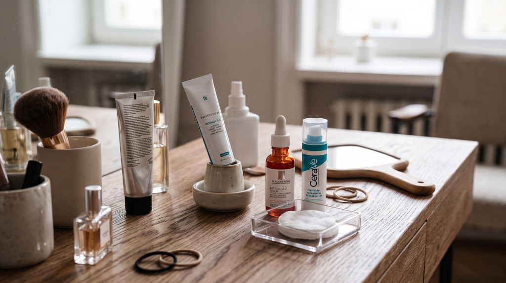 Retinol-Pflegeprodukte auf einer Kosmetiktheke, darunter SkinCeuticals Retinol 0.3, La Roche-Posay Retinol B3 und CeraVe Retinol Serum