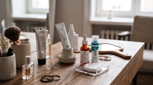 Retinol-Pflegeprodukte auf einer Kosmetiktheke, darunter SkinCeuticals Retinol 0.3, La Roche-Posay Retinol B3 und CeraVe Retinol Serum