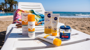 Sonnencremes fürs Gesicht auf einem Liegestuhl am Strand, darunter Eucerin Oil Control und Nivea Sun Anti-Age Q10