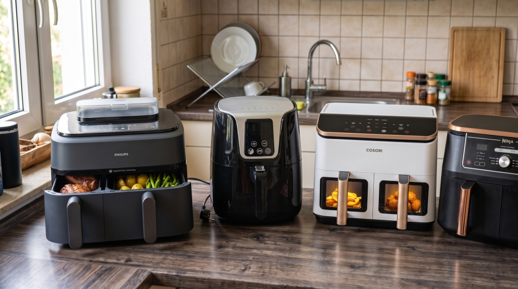 Vier Luftfritteusen nebeneinander in der Küche: Philips, Amazon Basics, Cosori und Ninja