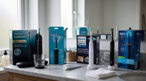 Elektrische Zahnbürsten auf einer Badezimmerablage, darunter Philips Sonicare DiamondClean 9000, Oral-B Vitality Pro und Oral-B PRO 3