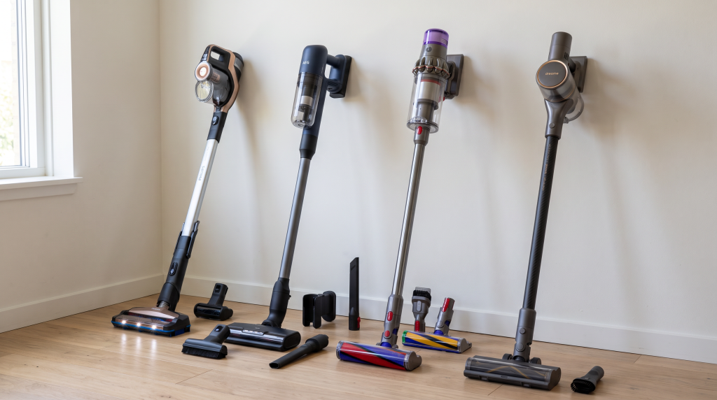Vier Akku-Staubsauger an einer Wand aufgereiht: Philips, AEG, Dyson und Dreame