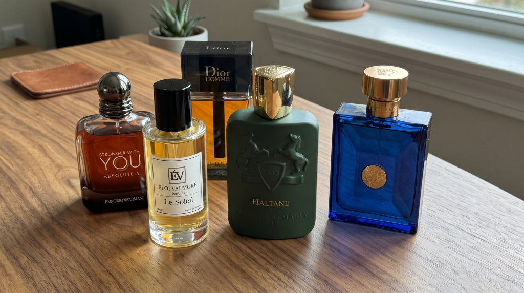 Fünf Sommer-Herrenparfums nebeneinander: Emporio Armani Stronger With You Absolutely, Éloi Valmoré Le Soleil, Dior Homme Intense, Parfums de Marly Haltane und Versace Dylan Blue