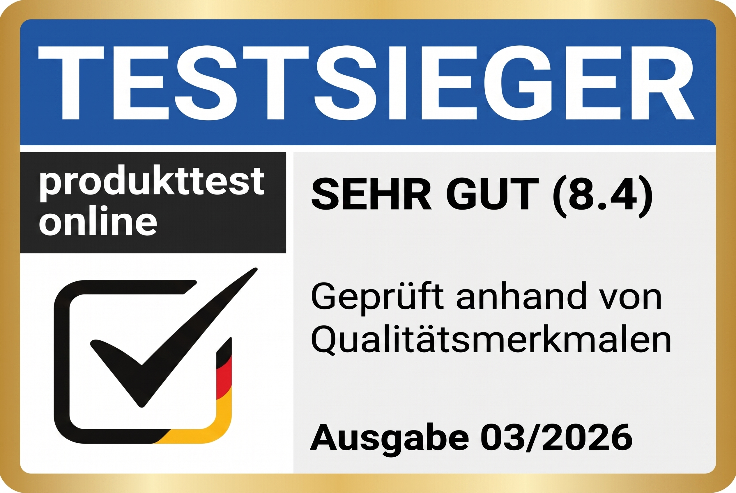 Testsieger produkttest.online, Sehr gut (8,4)